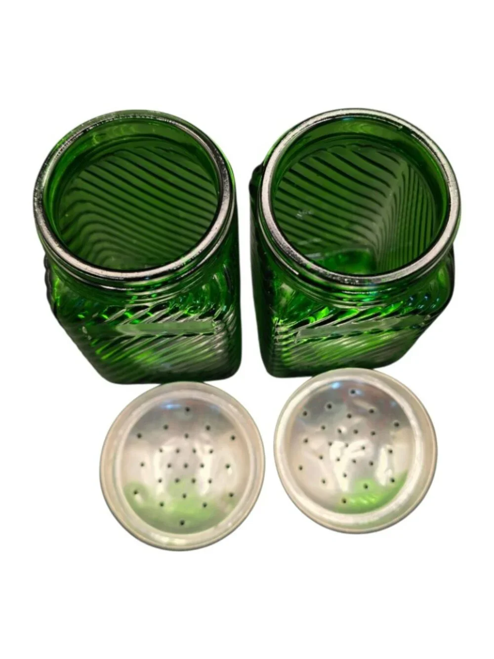 Vintage Owens Illinois Hoosier Green Glass Salt & Pepper Shakers Aluminum Lids